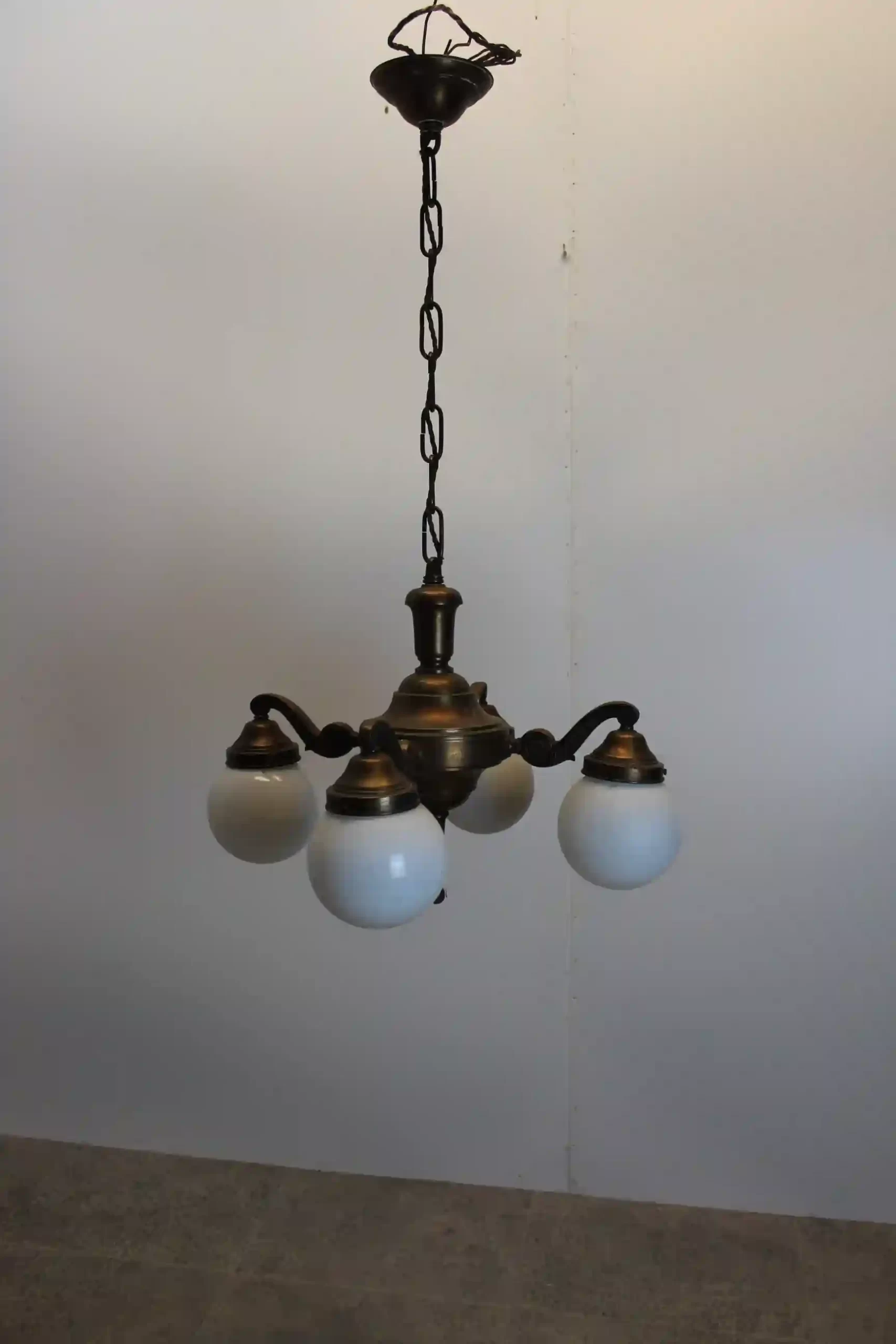 Classic Brass Chandelier with Glass Globes (First Half of the 20th Century)